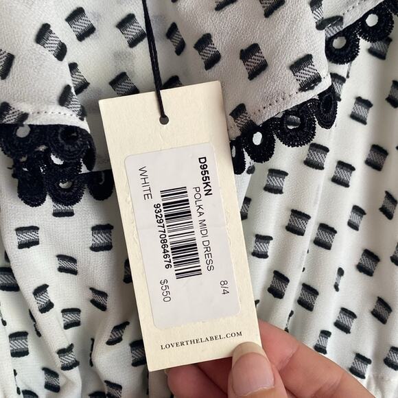 NWT Lover the Label white and black polka dot tiered ruffle midi dress sz 2 - Picture 8 of 8